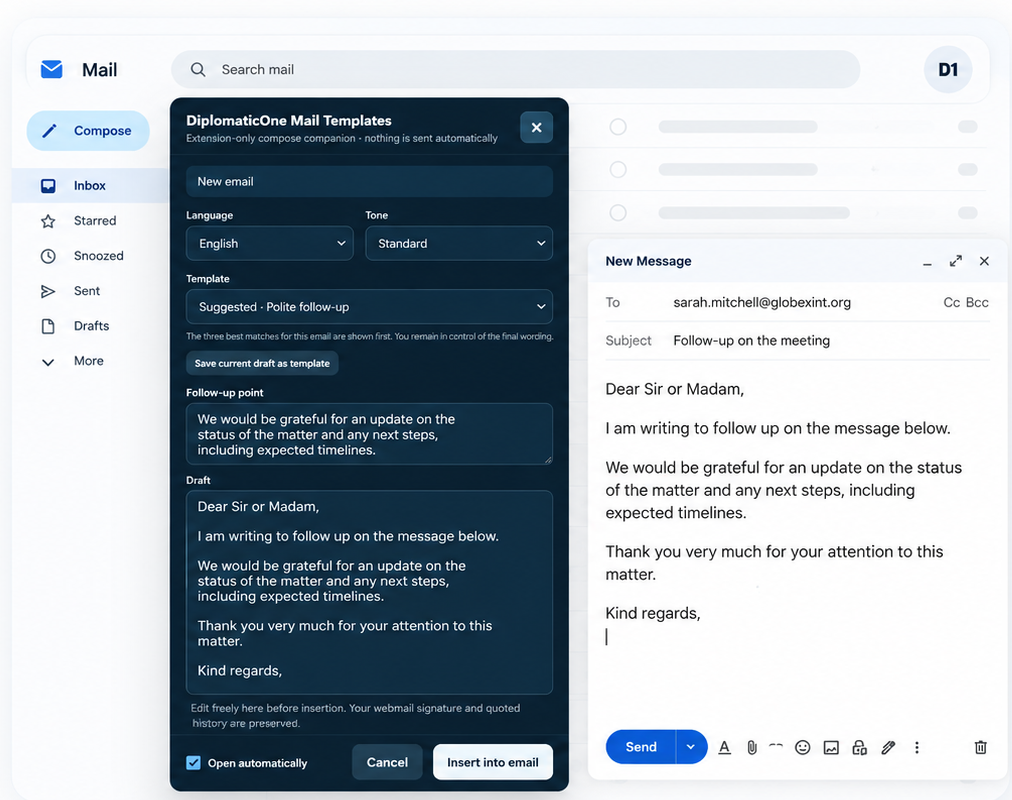 DiplomaticOne Mail Templates extension beside a generic webmail compose window showing the follow-up point inserted into the finished draft